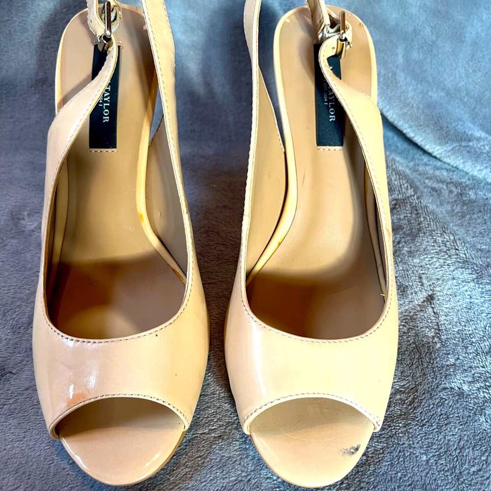 Ann Taylor open toe shoes with 3.5 inch heels.